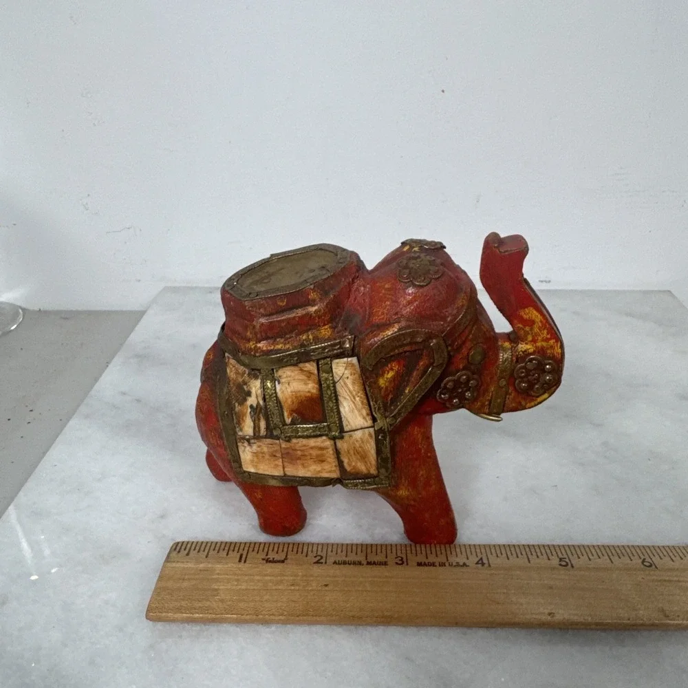 Vintage Beautiful Wood Elephant Nicely Decorated w/ Tiles & Brass